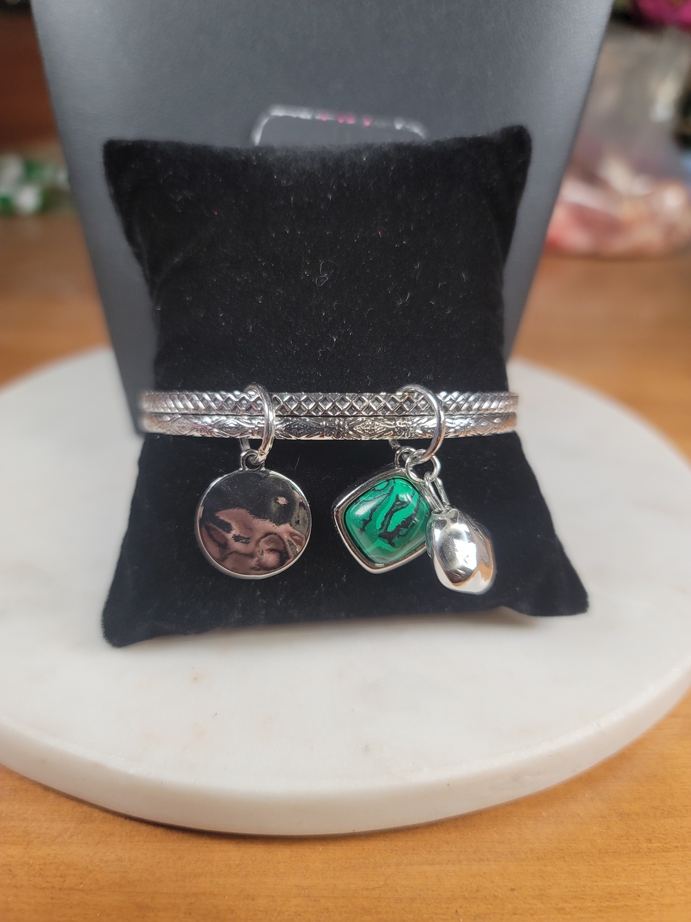 paparazzi Silver Bangle Bracelet with Green Charm